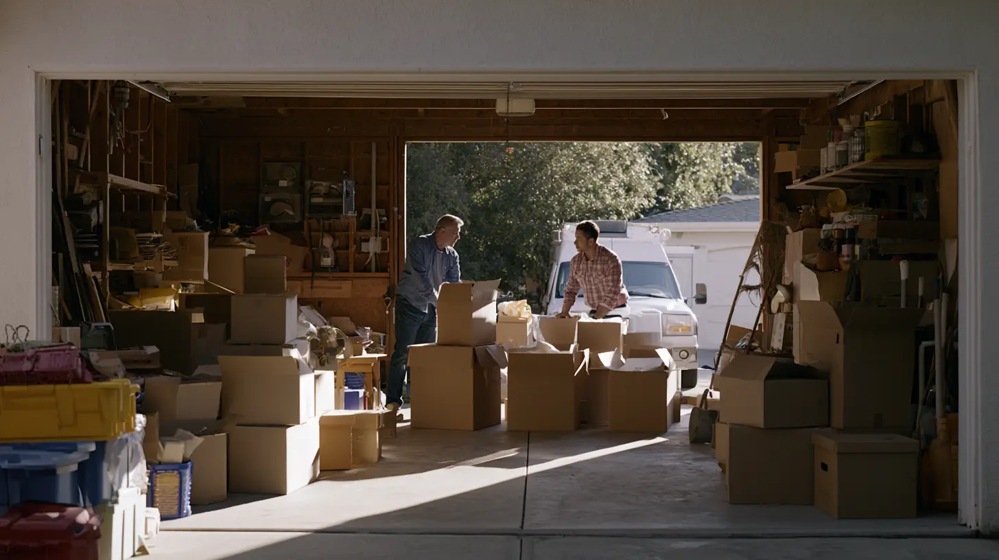 Photo of home owners boxing up items in a cluttered garage.